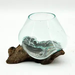 Vase on Teak Root Stand - Extra Small - Blown Glass/Wood - L24 x W24 x H22 cm