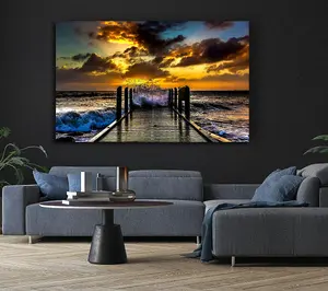 Waves Crashing On The Pier At Sunset Canvas Print Wall Art - Medium 20 x 32 Inches