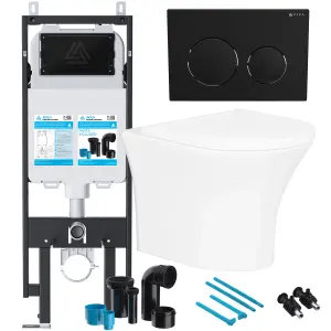 Rimless Wall Hung Toilet & Soft Close Seat with Viva Concealed Cistern Frame Set - Matt Black Round Button Flush Plate