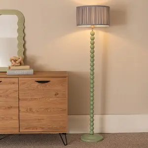 ValueLights Bobbins Sage Green Floor Lamp with Ruched Pleated Powder Blue Drum Shade