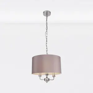 First Choice Lighting Pair of 3 Light Chrome Pendant Chandelier with Grey Fabric Shade