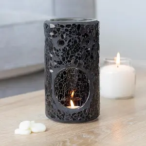 Black Glass Pillar Shaped Oil, Wax Melt Burner. Mirrored Crackle Effect. H14.5 cm