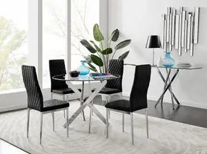 Furniturebox UK Novara Chrome Metal Round Glass Dining Table And 4 Black Velvet Milan Chairs