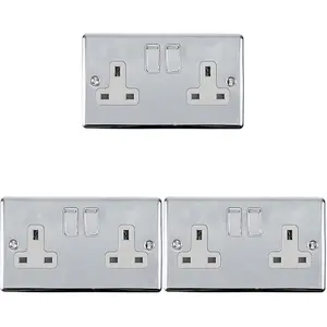 3 PACK 2 Gang Double UK Plug Socket POLISHED CHROME 13A Switched White Trim