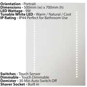 500 x 700mm IP44 LED Bathroom Mirror - Tunable White - Demister & Shaver Socket