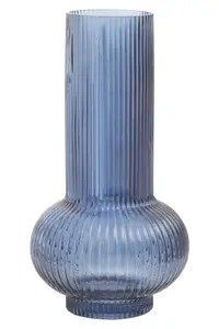 Interiors by Premier Large Blue Cylindrical Glass Vase, Wide Midsection and Ribbed Design Flower Vase, Large Blue vase for Decor