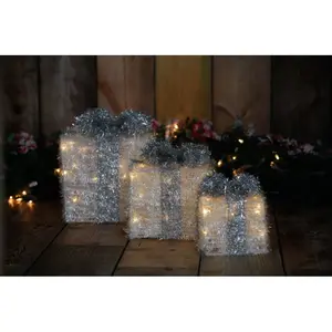 Pre-Lit Sisal Gift Box with LED Lights and Ribbon Silver/Grey