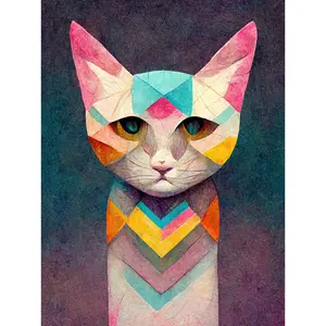 Geometric Colourful Multicoloured Pastel Cat - Painting Unframed / 43cm H x 33cm W