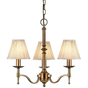 Avery Ceiling Pendant Chandelier Light 3 Lamp Antique Brass & Beige Pleat Shade