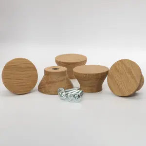 Pack of 5 Round Tapered Oak Knobs for Cabinet Doors and Drawers Dia 40mm