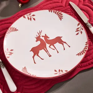 Set of 2 Cranberry Stag Christmas Tableware Serving Dish, Christmas Dinner Plates