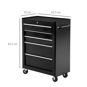 HOMCOM 5-Drawer Lockable Steel Tool Storage Cabinet Wheels Handle 2 Keys Black