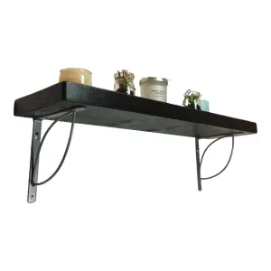 Solid Wood Handmade Rustical Shelf Black Ash 175mm 7 inch with Silver Metal Bracket TRAMP Length of 220cm