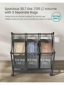 SONGMICS Rolling Laundry Sorter, Laundry Basket With 3 Removable Bags, Laundry Hamper, Laundry Trolley, For Laundry Room