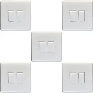 5 PACK 2 Gang Double 10A Light Switch 2 Way - WHITE PLASTIC Wall Plate Rocker