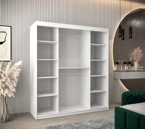 Roma II White Elegant Sliding Door Wardrobe H2000mm W1800mm D620mm with Mirrored Panels and Silver Handles