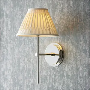 Indoor Bright Nickel Plate Wall Light - Ivory Silk Shade - Dimmable 6W LED E14