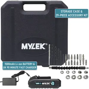 MYLEK 21V Cordless Drill With Two Li-ion Batteries And 29 Piece Accessory Set