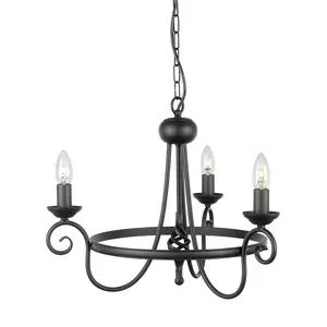 3 Bulb Chandelier Medieval Feel Soft Curving Arms Swirl Finial Black LED E14 60W