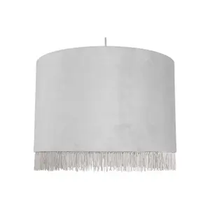 First Choice Lighting Set of 2 Fringed Silvery Grey 38cm Fringed Velvet Pendant Shades