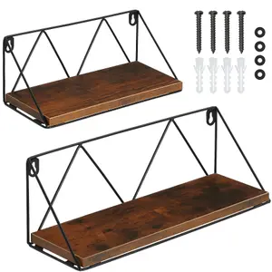 Wall Shelves - set of 2, wooden, decorative metal brackets, high load-capacity - Industrial wood dark, rustic