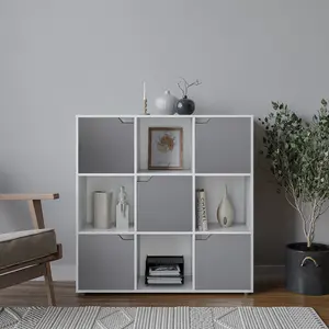 URBNLIVING 9 Cube White Wooden Bookcase Shelving Display Shelves Storage Unit Wood Shelf Grey Door