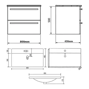 Bathroom 2-Drawer Wall Hung Vanity Unit with Mid Depth Ceramic Basin 800mm Wide - White  - Brassware Not Included