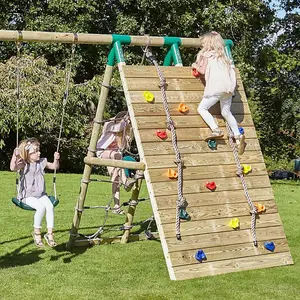 Rebo Beat The Wall Wooden Swing Set with Double up & Over Climbing Wall -Pinnacle