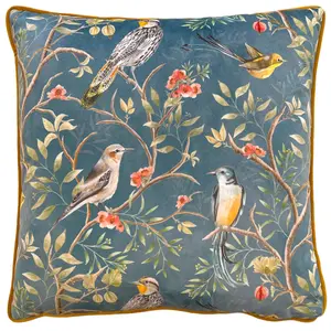 Orient Chinoiserie Birds Floral Square Scatter Pillow Cover Slate Blue