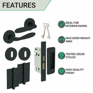 EAI - Sassari Lever on Rose Handle Lock Kit / Pack - 64mm Sash Lock  - 76mm Hinges - Matt Black