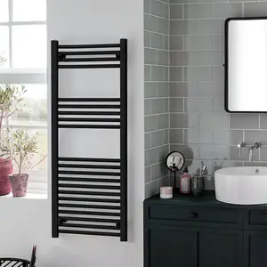 Bray Heated Towel Rail For Central Heating, Straight, Black - W500 x H1500 mm