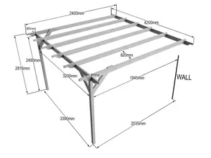 Lean to wooden garden pergola kit - Chamfered design wall mounted gazebo, 2.4m x 4.2m (Natural finish)