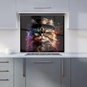 Siberian Cat With Glasses Splashart Premium Glass Kitchen Splashback W700mm x H650mm