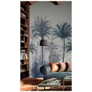 Tropical Palm Tree Tops 3 lane Repeatable Wallpaper Mural,  Blue