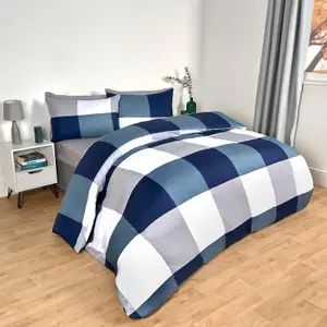 Gingham Check Duvet Cover Bedding Quilt Set Reversible, Navy - King