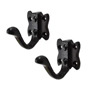 2 x Black Cast Iron Tudor Single Coat Hooks, Antique Door Robe & Dress Hangers