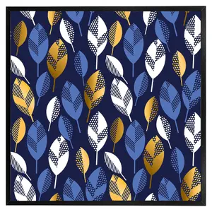 White, blue & gold leaves on navy background (Picutre Frame) / 30x30" / Black