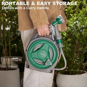 14M Garden Hose Reel Compact Portable Water Pipe 7 Adjustable Spray Gun Nozzles