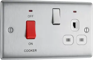 BG NBS70W Nexus Metal Brushed Steel 45A 2 Pole Cooker Switch 13A Neon Switched Socket - White Insert