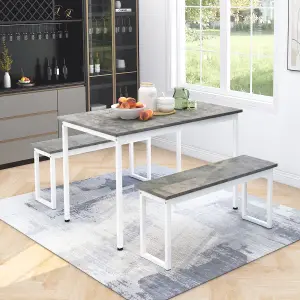 3 Pieces Dining Table and Bench Set 4 Persons Space Saving Dinette for Kitchen Patio Outdoor, Grey and White