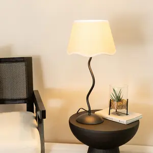 ValueLights Wiggle Black Metal Stem Table Lamp with Linen Scallop White Trim Tapered Lamp Shade