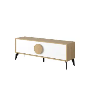 Decortie Gora Modern TV Unit Oak, White 140(W)cm with 2 Door Flap Stay Storage TV Cabinet Entertainment Metal Legs