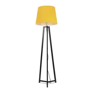 ValueLights Lottie Black Wood Tripod Floor Lamp with Mustard Tapered Shade