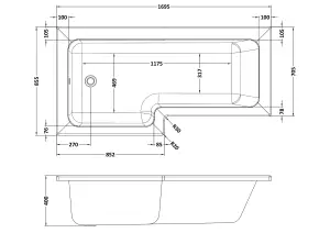 1700mm Left Hand L Shape Bathtub, Front Panel and Bath Screen - Chrome Profile