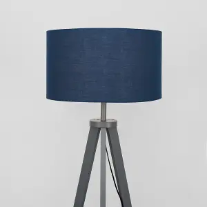 ValueLights Morrigan Grey Wood Tripod Design Floor Lamp with Storage Shelf and Navy Blue Drum Shade