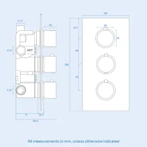 Flora 3 way 3 dial Round Concealed Thermostatic Mixer Valve, Body Jets, Shower head and handheld