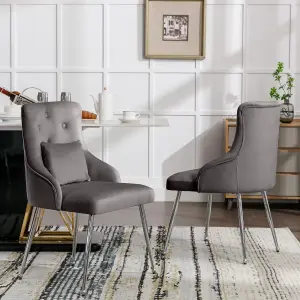 Set of 2 Grey Lux Velvet Upholstered Dining Chairs with Cushion Kitchen Chairs