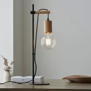 Luminosa Sven Complete Table Lamp, Matt Black, Natural Wood