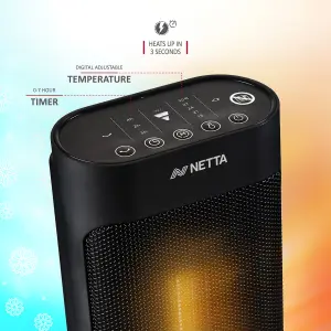 NETTA 2000W Fast Heating Ceramic Portable Tower Heater with Timer & Remote Control - Black