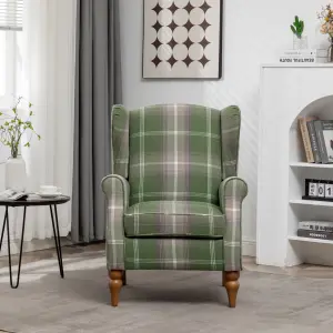 Wingback Tartan Armchair Soft Padded Retro Check Leisure Chair Fabric Lounge for Living Room Bedroom - Green